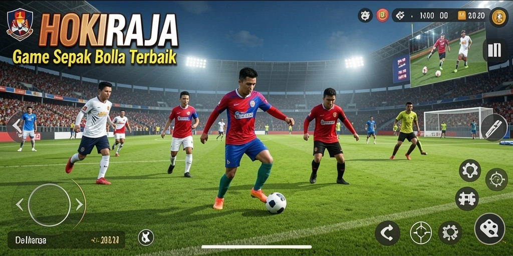 Tampilan gameplay HOKIRAJA yang menegangkan di lapangan sepak bola.